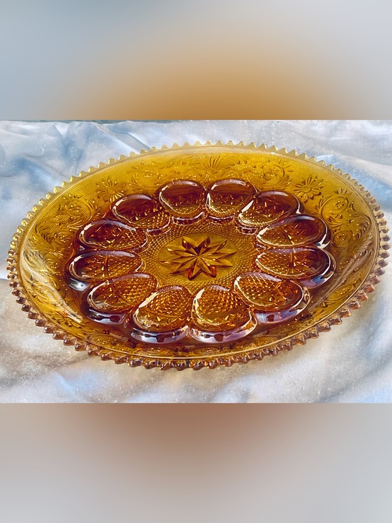 Other - Vintage Amber Glass Deviled Egg Platter 12” Heavy Pressed Glass Serving Tray